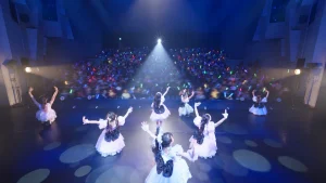 中央の出演者の背中越しに見る、大勢の観客がいる客席。手前には応援の動きが流れ、奥まで明るいペンライトが続く